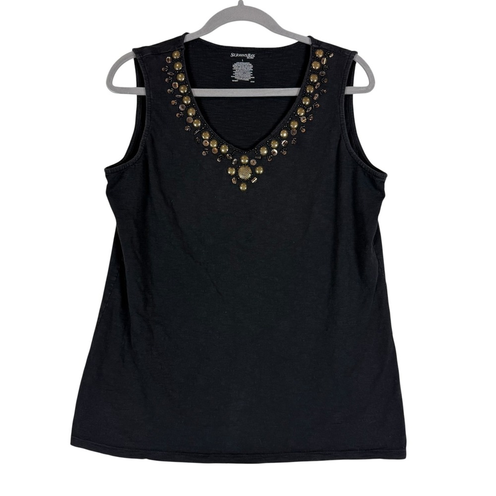 St. John's Bay Tank Top Womens L Black 100% Cotton Beaded V Neck Summer Casual